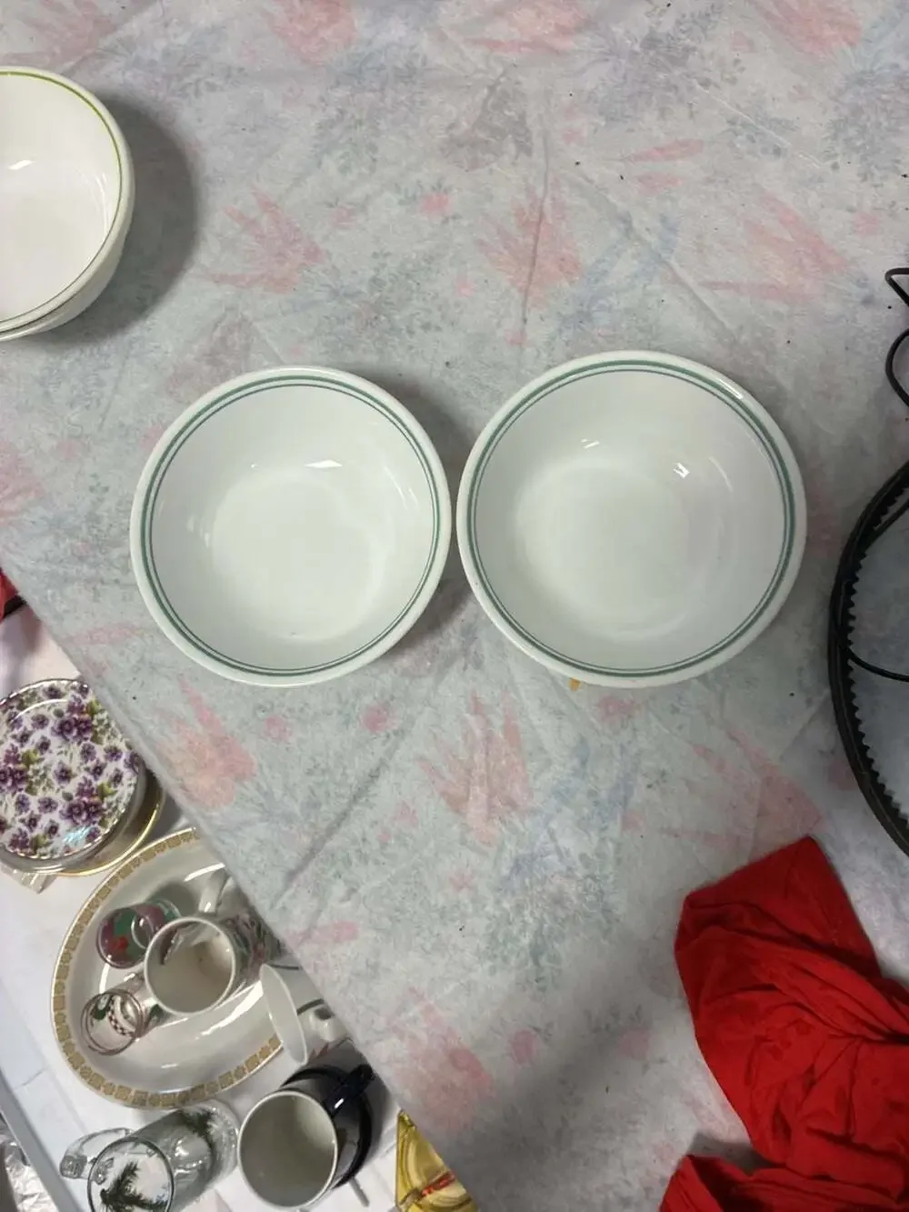 Corelle Rosemarie Soup Cereal Bowls White with Two Green Rings Set of 2